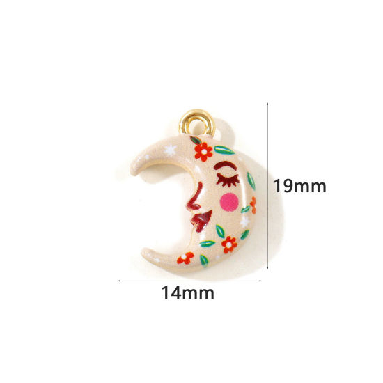 Picture of 5 PCs Zinc Based Alloy Galaxy Charms Wholesale Gold Plated Beige Half Moon Double Sided Printed 19mm x 14mm