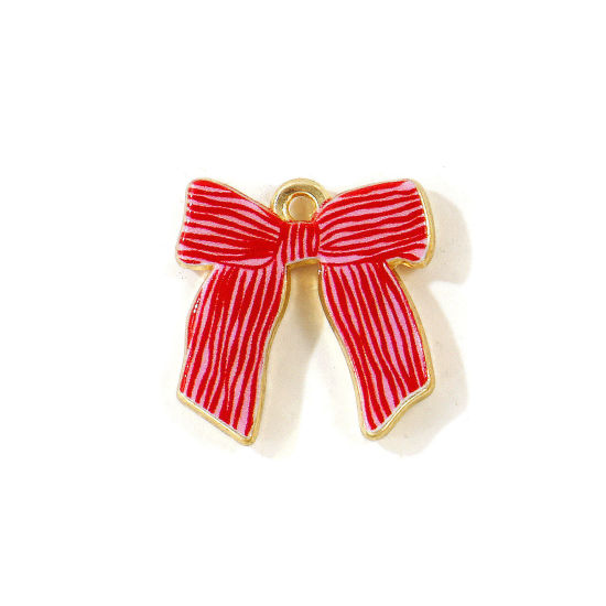 Picture of 5 PCs Zinc Based Alloy Charms Wholesale Gold Plated Red Bowknot Double Sided Printed 20mm x 19mm