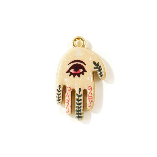 Picture of 5 PCs Zinc Based Alloy Charms Wholesale Gold Plated Beige Hand Eye Double Sided Printed 26mm x 15mm