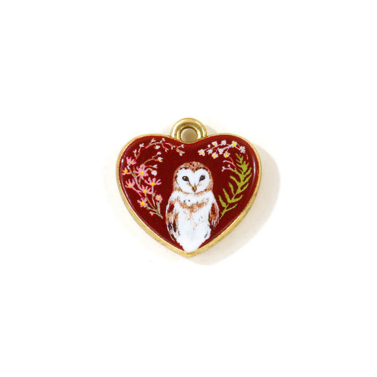 Picture of 5 PCs Zinc Based Alloy Charms Wholesale Gold Plated Red Heart Cat Double Sided Printed 17.5mm x 17mm