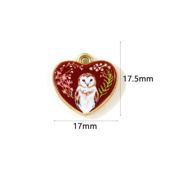 Picture of 5 PCs Zinc Based Alloy Charms Wholesale Gold Plated Red Heart Cat Double Sided Printed 17.5mm x 17mm