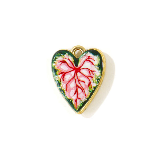 Picture of 5 PCs Zinc Based Alloy Charms Wholesale Gold Plated Red Heart Leaf Double Sided Printed 19mm x 15mm