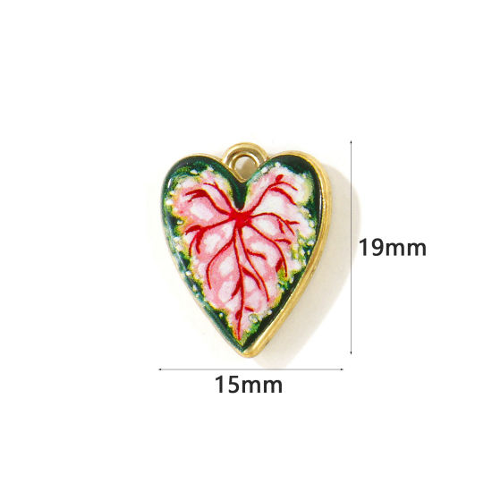 Picture of 5 PCs Zinc Based Alloy Charms Wholesale Gold Plated Red Heart Leaf Double Sided Printed 19mm x 15mm