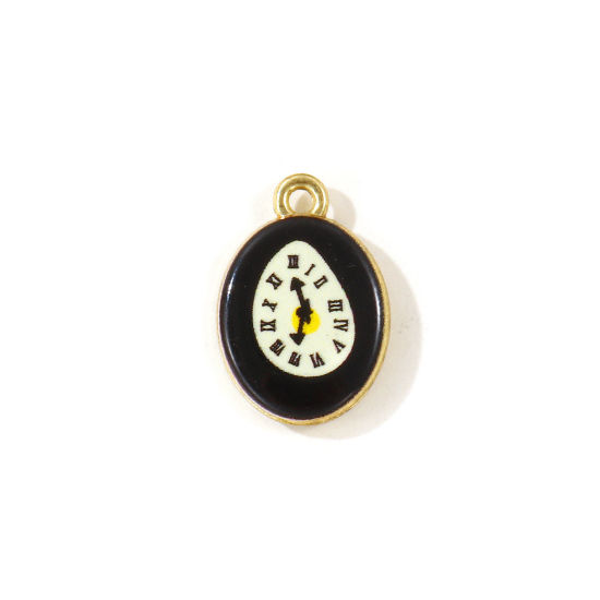 Picture of 5 PCs Zinc Based Alloy Charms Wholesale Gold Plated Black Watch Face Double Sided Printed 20mm x 14mm