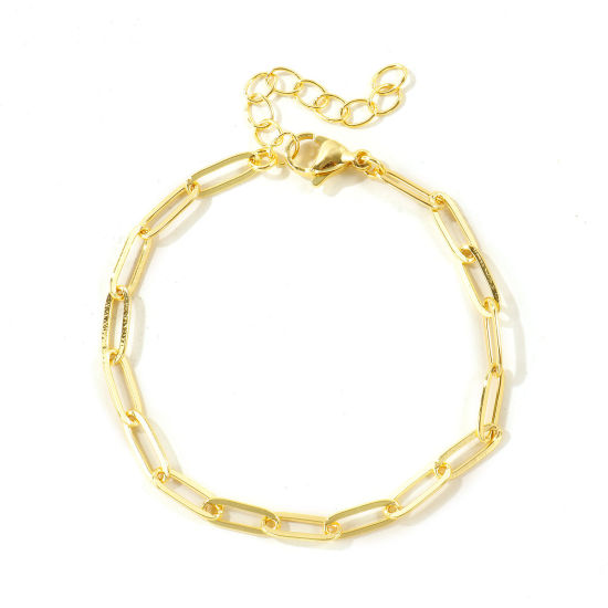 Picture of 1 Piece Brass Simple Paperclip Link Chain Bracelets Wholesale 18K Gold Plated 17cm(6.7") + 4cm(1.6") long