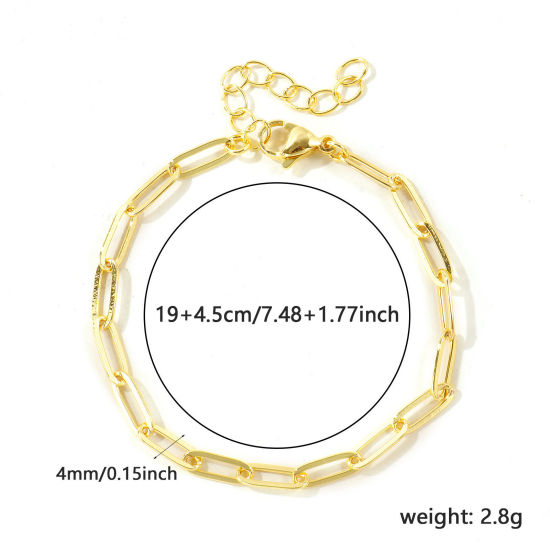 Picture of 1 Piece Brass Simple Paperclip Link Chain Bracelets Wholesale 18K Gold Plated 17cm(6.7") + 4cm(1.6") long