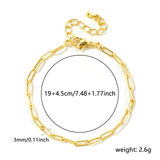 Picture of 1 Piece Brass Simple Paperclip Link Chain Bracelets Wholesale 18K Gold Plated 19cm(7.5") + 4.5cm(1.8") long