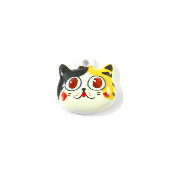 Picture of 10 PCs Zinc Based Alloy Charms Wholesale Creamy-White Cat Animal Printed 13mm x 13mm