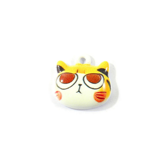 Picture of 10 PCs Zinc Based Alloy Charms Wholesale Yellow Cat Animal Printed 13mm x 13mm