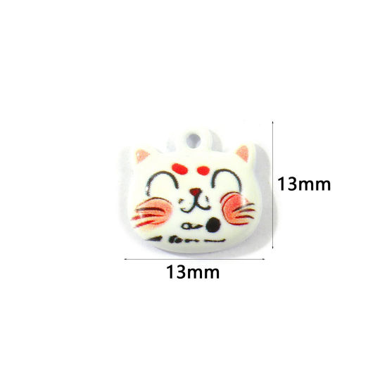 Picture of 10 PCs Zinc Based Alloy Charms Wholesale White Cat Animal Printed 13mm x 13mm