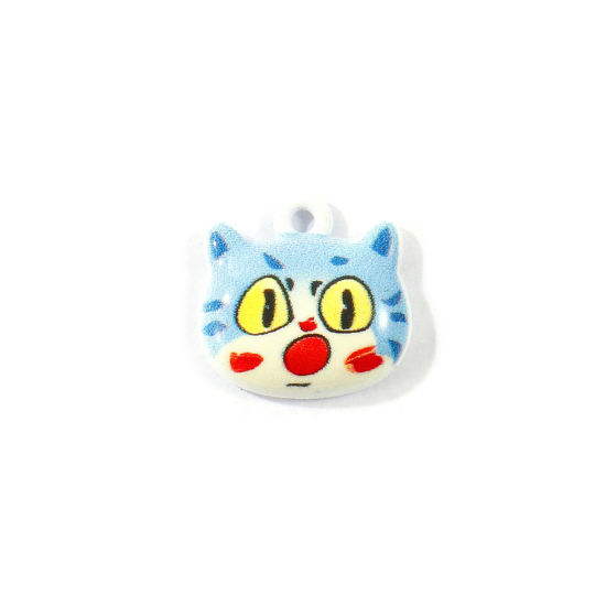 Picture of 10 PCs Zinc Based Alloy Charms Wholesale Blue Cat Animal Printed 13mm x 13mm