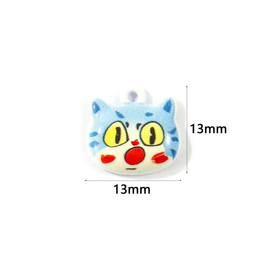 Picture of 10 PCs Zinc Based Alloy Charms Wholesale Blue Cat Animal Printed 13mm x 13mm