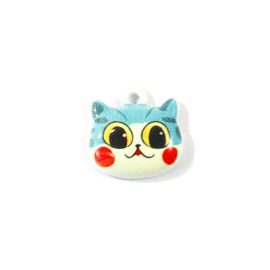 Picture of 10 PCs Zinc Based Alloy Charms Wholesale Green Blue Cat Animal Printed 13mm x 13mm