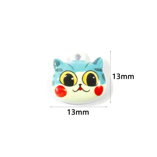 Picture of 10 PCs Zinc Based Alloy Charms Wholesale Green Blue Cat Animal Printed 13mm x 13mm