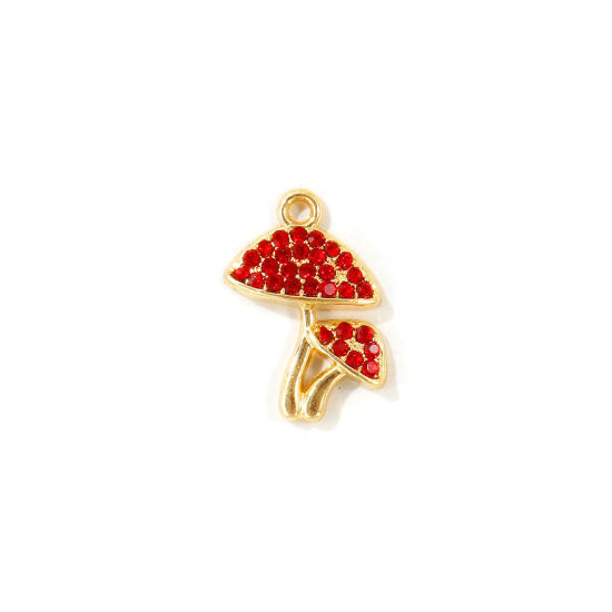 Picture of 10 PCs Zinc Based Alloy Charms Wholesale Gold Plated Mushroom Red Rhinestone 19mm x 14mm