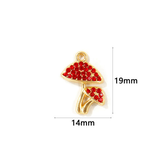 Picture of 10 PCs Zinc Based Alloy Charms Wholesale Gold Plated Mushroom Red Rhinestone 19mm x 14mm