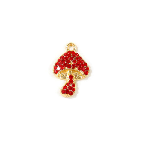 Picture of 10 PCs Zinc Based Alloy Charms Wholesale Gold Plated Mushroom Red Rhinestone 19mm x 13mm