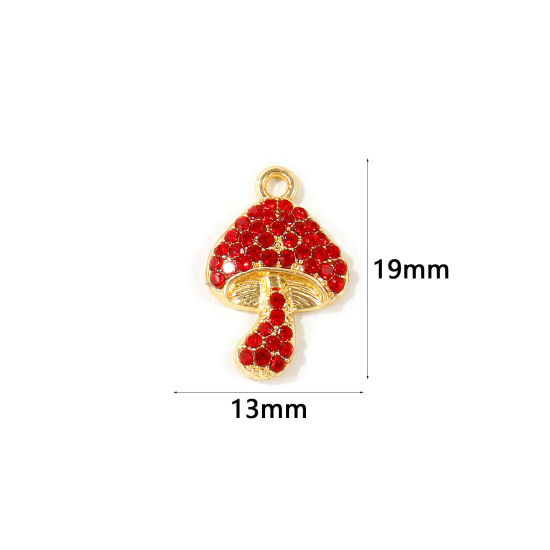 Picture of 10 PCs Zinc Based Alloy Charms Wholesale Gold Plated Mushroom Red Rhinestone 19mm x 13mm