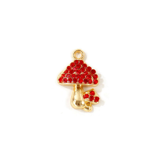 Picture of 10 PCs Zinc Based Alloy Charms Wholesale Gold Plated Mushroom Red Rhinestone 18mm x 12mm