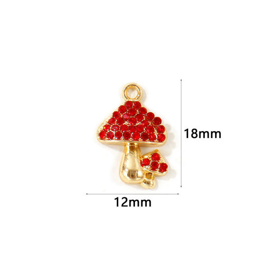 Picture of 10 PCs Zinc Based Alloy Charms Wholesale Gold Plated Mushroom Red Rhinestone 18mm x 12mm