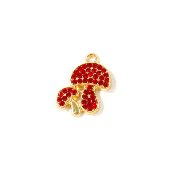 Picture of 10 PCs Zinc Based Alloy Charms Wholesale Gold Plated Mushroom Red Rhinestone 19mm x 15mm