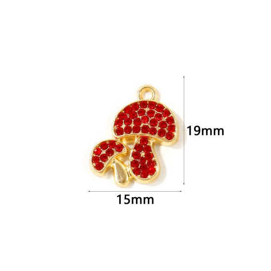 Picture of 10 PCs Zinc Based Alloy Charms Wholesale Gold Plated Mushroom Red Rhinestone 19mm x 15mm
