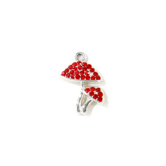 Picture of 10 PCs Zinc Based Alloy Charms Wholesale Silver Tone Mushroom Red Rhinestone 19mm x 14mm