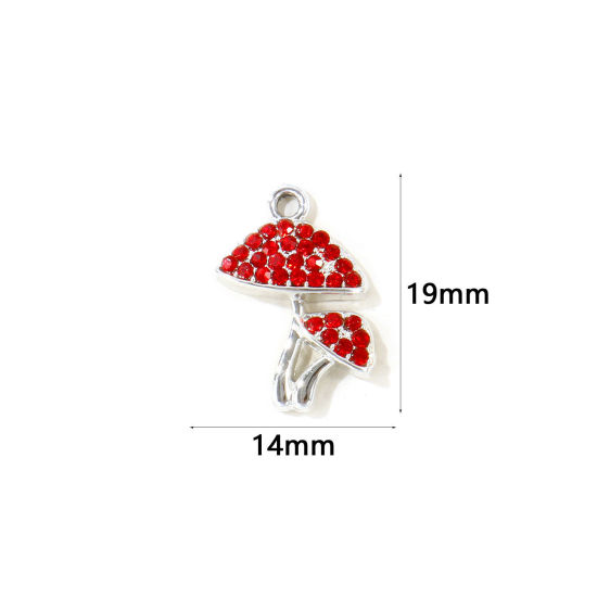 Picture of 10 PCs Zinc Based Alloy Charms Wholesale Silver Tone Mushroom Red Rhinestone 19mm x 14mm