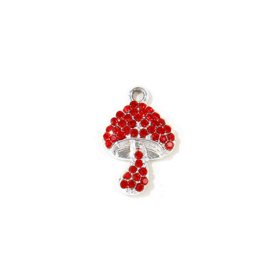 Picture of 10 PCs Zinc Based Alloy Charms Wholesale Silver Tone Mushroom Red Rhinestone 19mm x 13mm