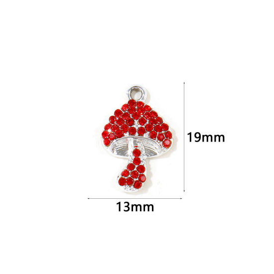Picture of 10 PCs Zinc Based Alloy Charms Wholesale Silver Tone Mushroom Red Rhinestone 19mm x 13mm