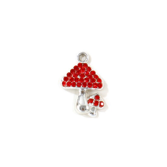 Picture of 10 PCs Zinc Based Alloy Charms Wholesale Silver Tone Mushroom Red Rhinestone 18mm x 12mm