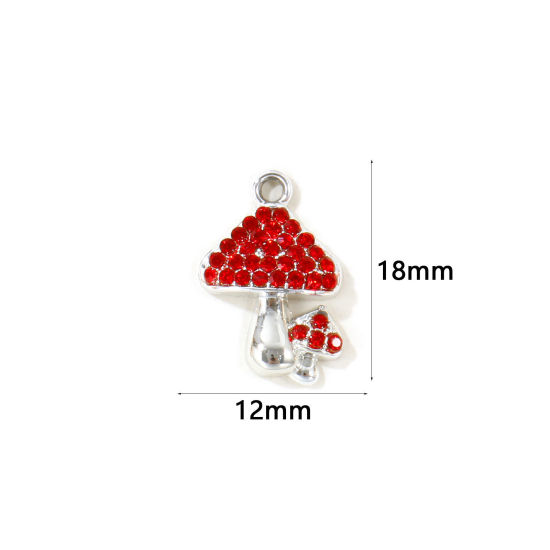 Picture of 10 PCs Zinc Based Alloy Charms Wholesale Silver Tone Mushroom Red Rhinestone 18mm x 12mm