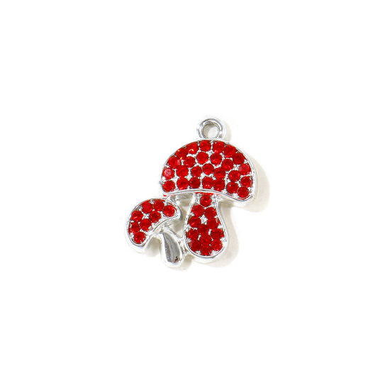 Picture of 10 PCs Zinc Based Alloy Charms Wholesale Silver Tone Mushroom Red Rhinestone 19mm x 15mm