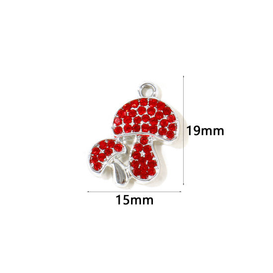Picture of 10 PCs Zinc Based Alloy Charms Wholesale Silver Tone Mushroom Red Rhinestone 19mm x 15mm