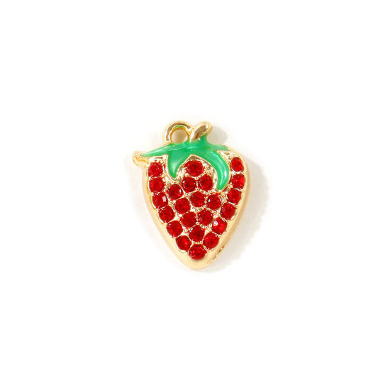Picture of 10 PCs Zinc Based Alloy Charms Wholesale Gold Plated Green Enamel Strawberry Fruit Red Rhinestone 17mm x 13mm