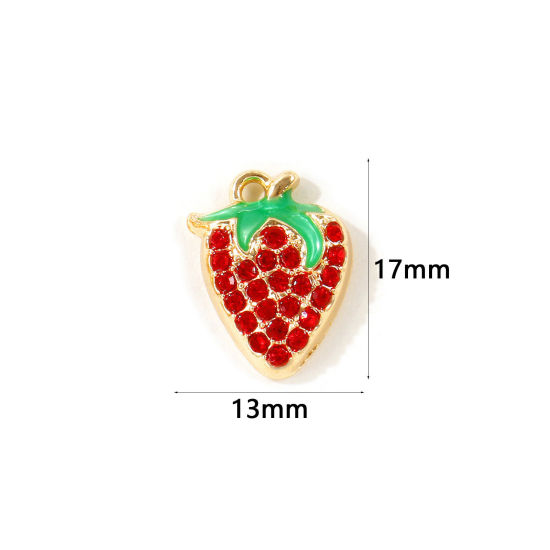 Picture of 10 PCs Zinc Based Alloy Charms Wholesale Gold Plated Green Enamel Strawberry Fruit Red Rhinestone 17mm x 13mm