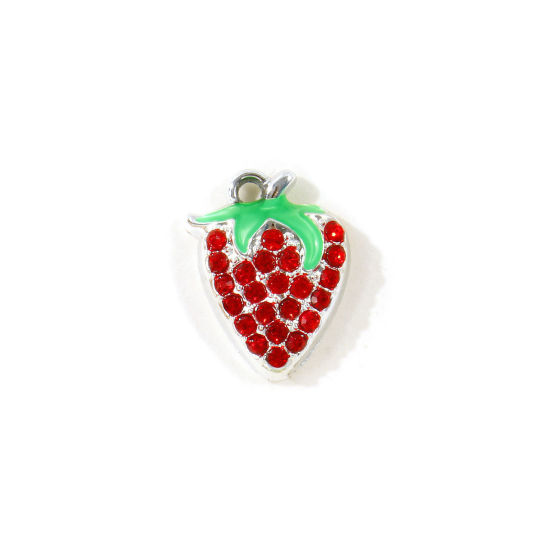 Picture of 10 PCs Zinc Based Alloy Charms Wholesale Silver Tone Green Enamel Strawberry Fruit Red Rhinestone 17mm x 13mm