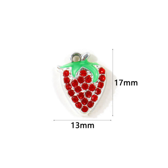 Picture of 10 PCs Zinc Based Alloy Charms Wholesale Silver Tone Green Enamel Strawberry Fruit Red Rhinestone 17mm x 13mm