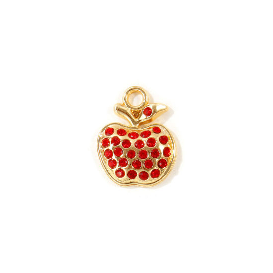 Picture of 10 PCs Zinc Based Alloy Charms Wholesale Gold Plated Apple Fruit Red Rhinestone 18.5mm x 14.5mm