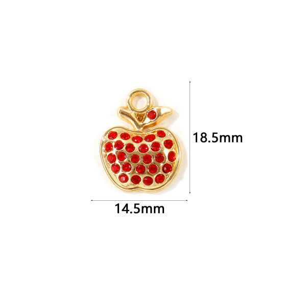 Picture of 10 PCs Zinc Based Alloy Charms Wholesale Gold Plated Apple Fruit Red Rhinestone 18.5mm x 14.5mm
