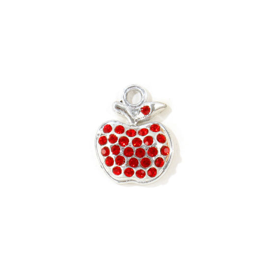 Picture of 10 PCs Zinc Based Alloy Charms Wholesale Silver Tone Apple Fruit Red Rhinestone 18.5mm x 14.5mm