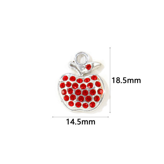 Picture of 10 PCs Zinc Based Alloy Charms Wholesale Silver Tone Apple Fruit Red Rhinestone 18.5mm x 14.5mm