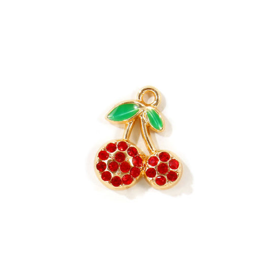Picture of 10 PCs Zinc Based Alloy Charms Wholesale Gold Plated Green Enamel Cherry Fruit Red Rhinestone 17mm x 14mm