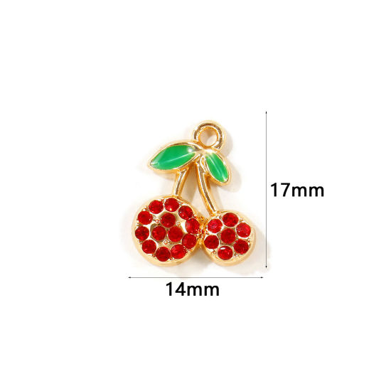 Picture of 10 PCs Zinc Based Alloy Charms Wholesale Gold Plated Green Enamel Cherry Fruit Red Rhinestone 17mm x 14mm