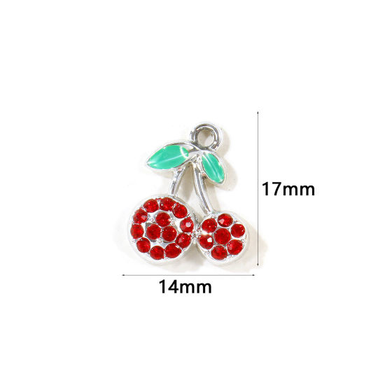 Picture of 10 PCs Zinc Based Alloy Charms Wholesale Silver Tone Green Enamel Cherry Fruit Red Rhinestone 17mm x 14mm
