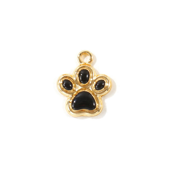 Picture of 10 PCs Zinc Based Alloy Pet Memorial Charms Wholesale Gold Plated Black Enamel Paw Print 17mm x 14mm
