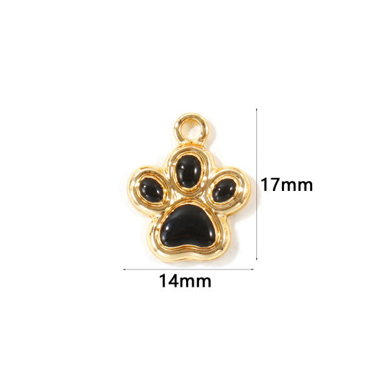 Picture of 10 PCs Zinc Based Alloy Pet Memorial Charms Wholesale Gold Plated Black Enamel Paw Print 17mm x 14mm