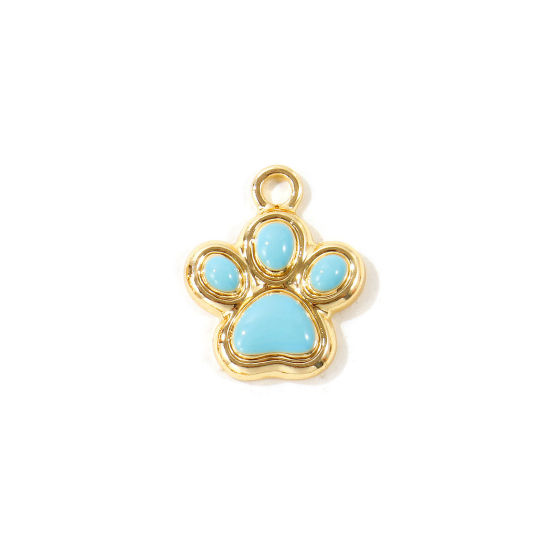 Picture of 10 PCs Zinc Based Alloy Pet Memorial Charms Wholesale Gold Plated Blue Enamel Paw Print 17mm x 14mm