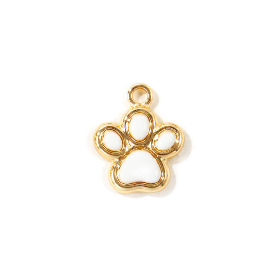 Picture of 10 PCs Zinc Based Alloy Pet Memorial Charms Wholesale Gold Plated White Enamel Paw Print 17mm x 14mm
