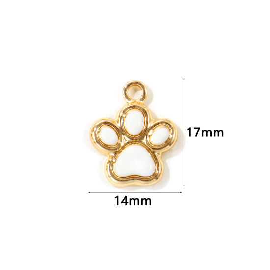 Picture of 10 PCs Zinc Based Alloy Pet Memorial Charms Wholesale Gold Plated White Enamel Paw Print 17mm x 14mm